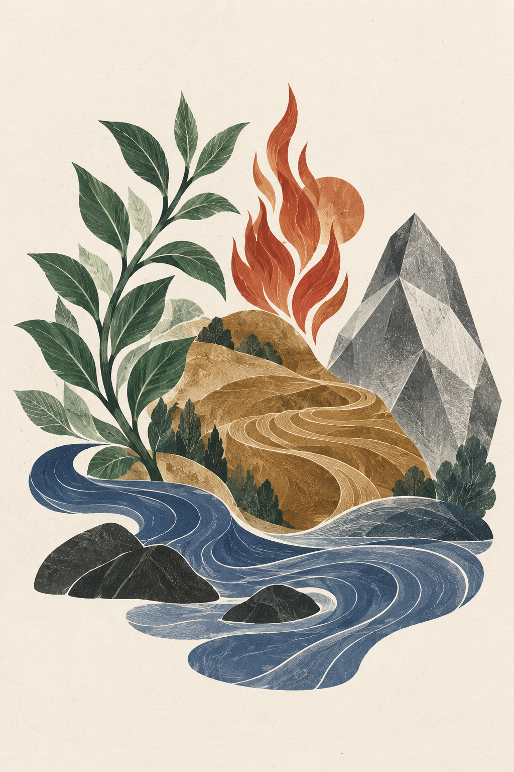An editorial illustration of leaves, flame, earth, faceted metal and flowing water